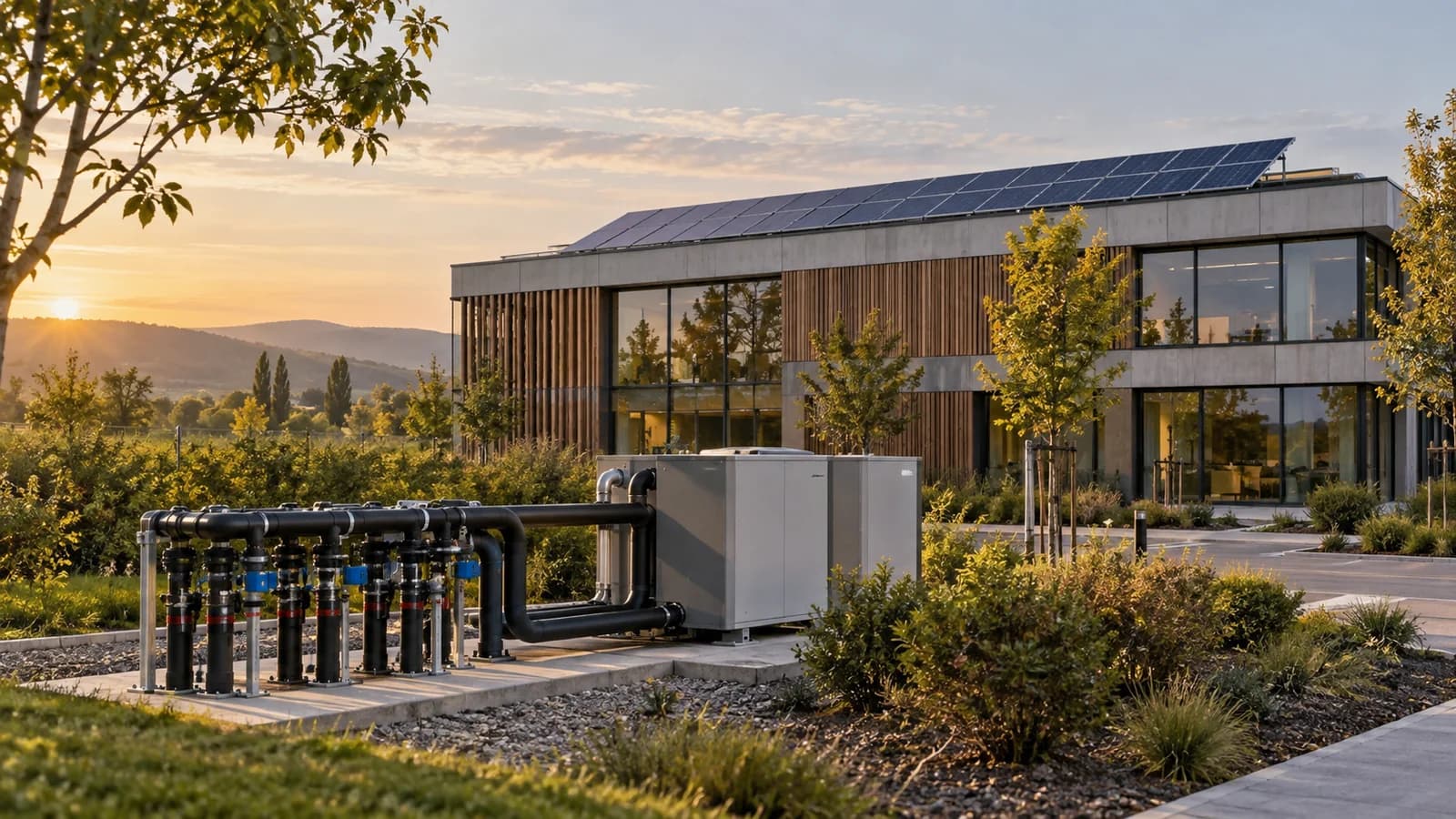 Bâtiment tertiaire associant panneaux photovoltaïques et équipements géothermiques